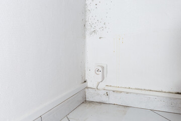 Mold growth in room corner around electrical outlet, visible black mold on white walls and tiles, moisture problem, health concern, detailed corner view, home maintenance issue, remediation needed