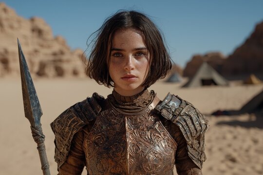 Young woman warrior in desert landscape with spear.