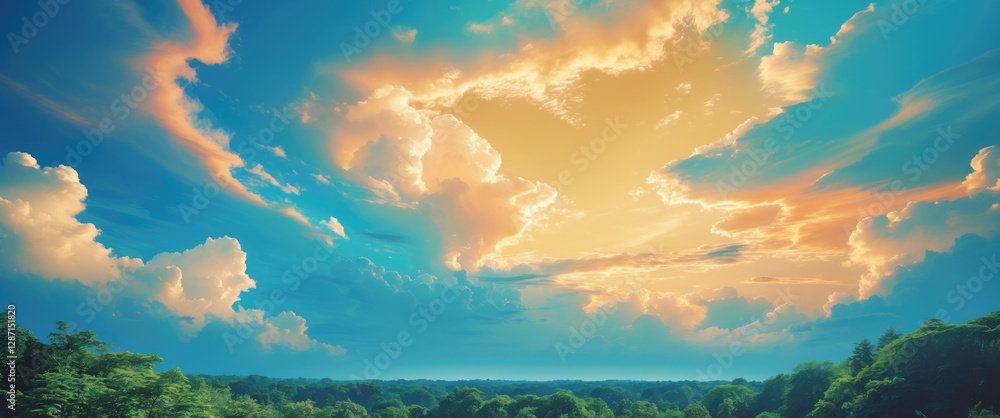 Poster serene natural landscape featuring soft clouds and a vibrant summer sky with ample copy space for de