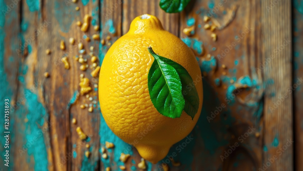 Aufkleber fresh lemon with green leaves resting on rustic wooden background with scattered seeds creating a vi