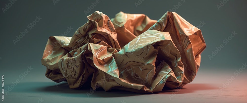 Poster crumpled brown decorative paper with intricate patterns showcasing texture against a dark background