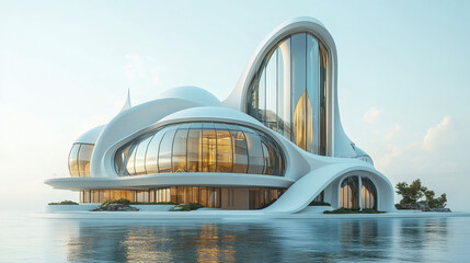 Futuristic White House on Calm Ocean Water at Sunrise