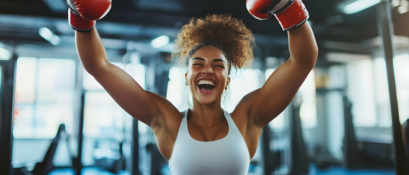 Joyful female boxer celebrating a victorious moment in the gym  -