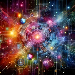 Obraz premium Futuristic technology background featuring glowing lights and intricate circuits in a vibrant, high-tech design.