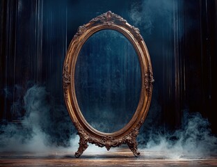Ornate gold mirror surrounded by smoke on a stage.