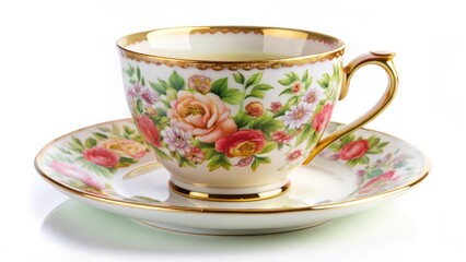 Fototapeta premium Floral Teacup and Saucer on White Background
