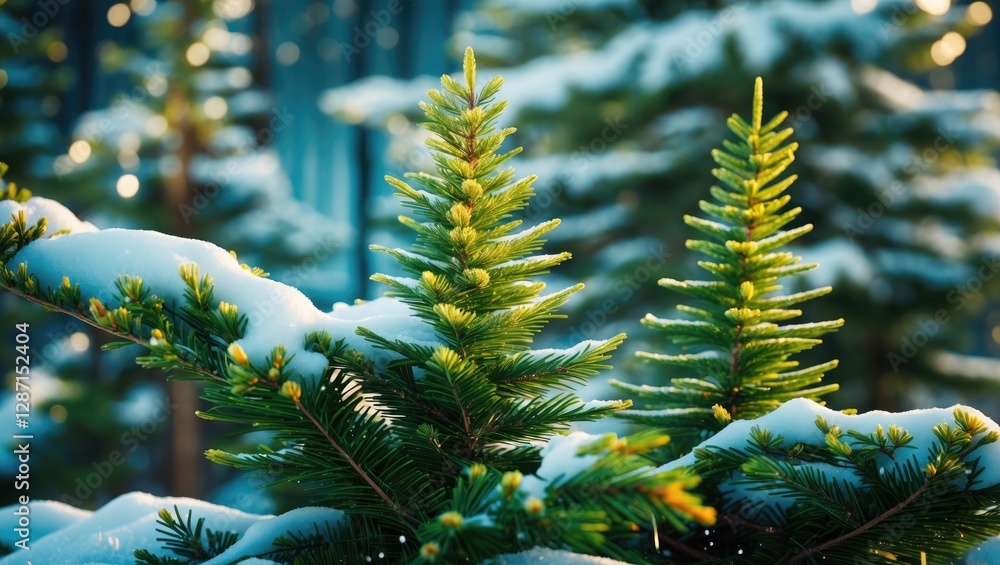 Poster winter pine needles adorned with fresh snow in a serene forest setting creating a tranquil seasonal 