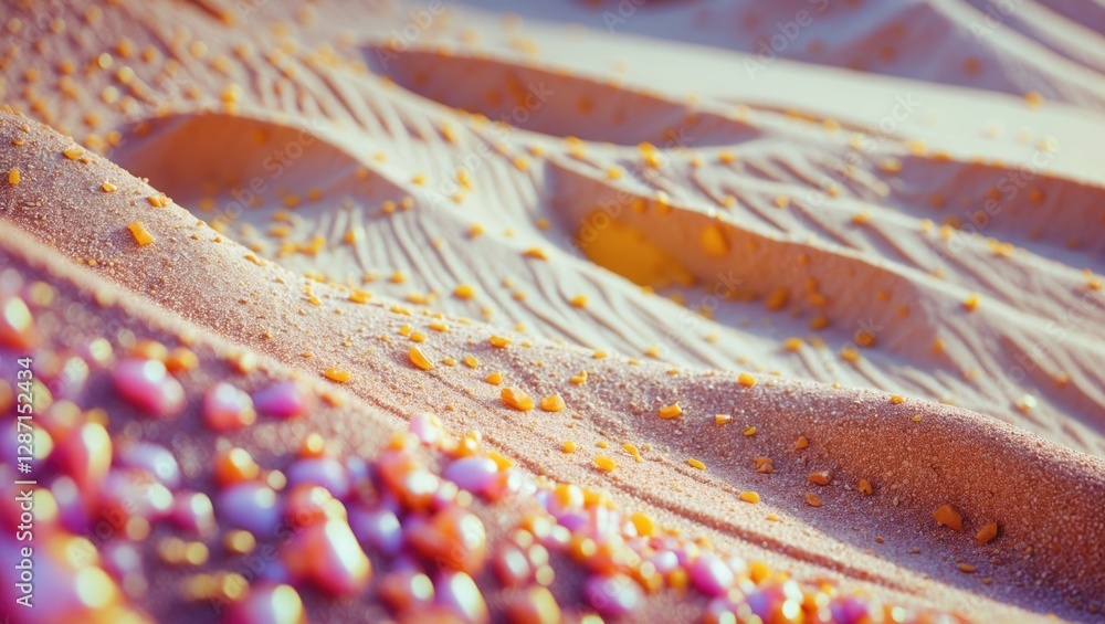 Poster vibrant textured sand landscape with scattered colorful pebbles and gentle undulating patterns in a 