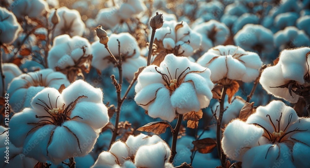 Poster cotton flower field in soft sunlight creating a textured background for vintage or rustic themes in 