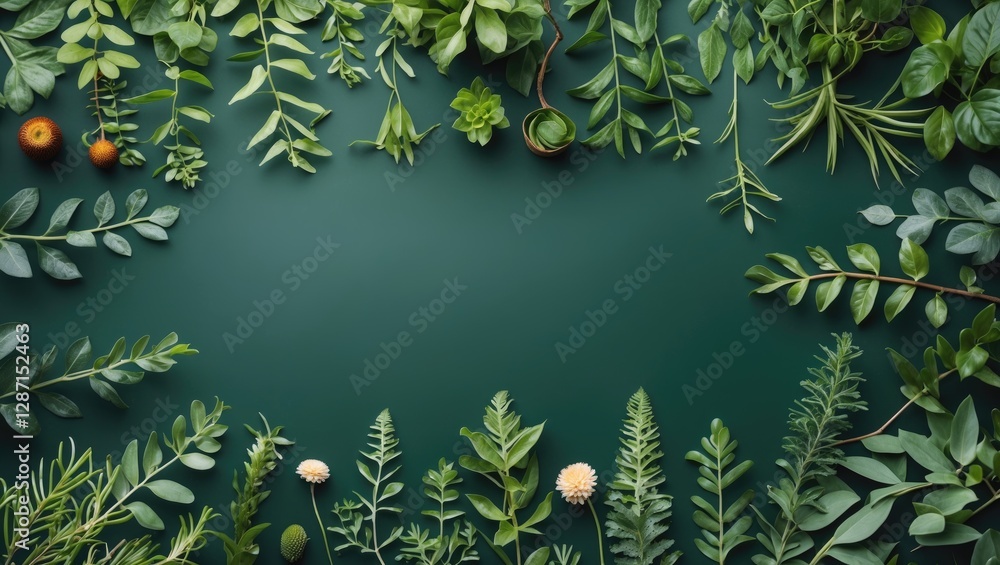 Poster lush greenery arrangement with blank space for text in natural botanical setting