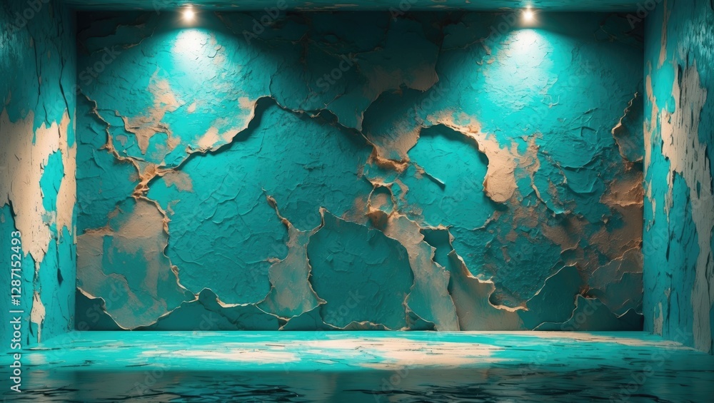 Poster abstract teal wall with textured cracks and center spotlight creating a stylish decorative backgroun