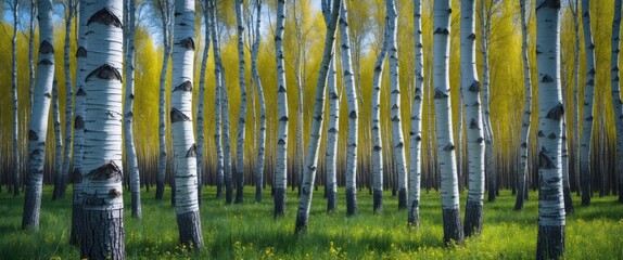 Obraz premium Birch tree forest in spring showcasing white bark and vibrant greenery in Rostov region Russia with lush foliage and clear blue skies.
