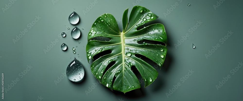 Poster monstera leaf with water droplets on green background minimalist design with space for text or brand