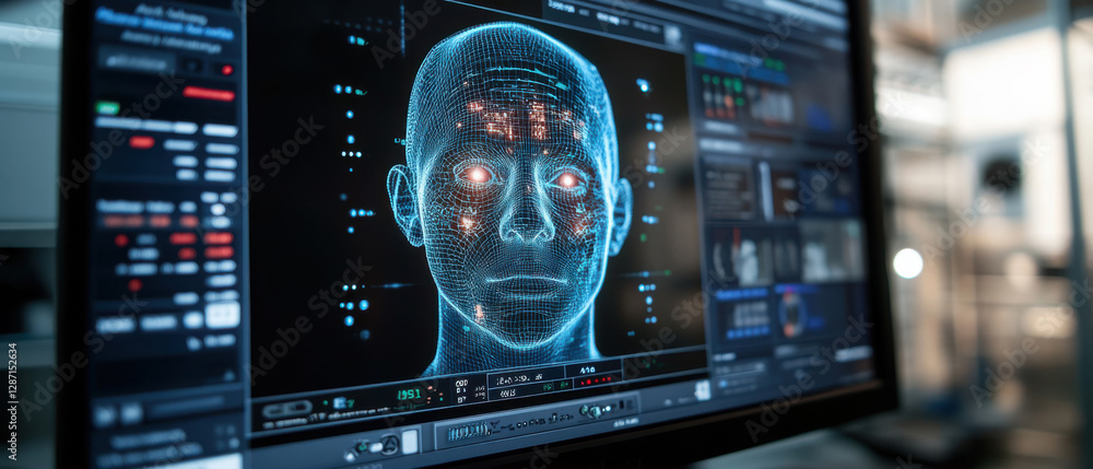 Poster futuristic digital face on computer screen: ai interface with hologram effects in a high-tech enviro