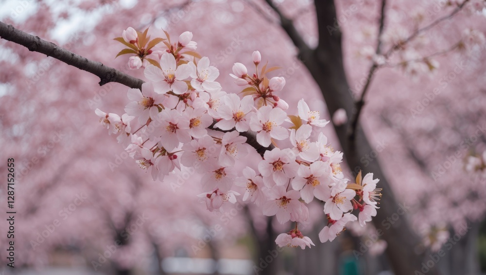 Poster cherry blossom branch with soft pink flowers against a blurred background and ample copy space for t
