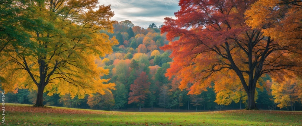 Poster autumn landscape with colorful foliage in focus surrounded by natural green background and space for