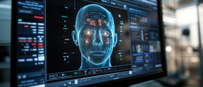 Futuristic digital face on computer screen: ai interface with hologram effects in a high-tech environment