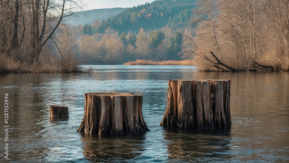 Poster old tree stumps rising from calm river surface surrounded by nature with soft hues and space for tex