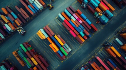 Obraz premium Drone shot of shipping containers in neat rows at a port, international freight management.
