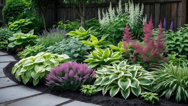 Lush Mixed Garden Border Featuring Vibrant Hostas and Astilbe Flourishing in a Shaded Setting with Elegant Stone Pathway
