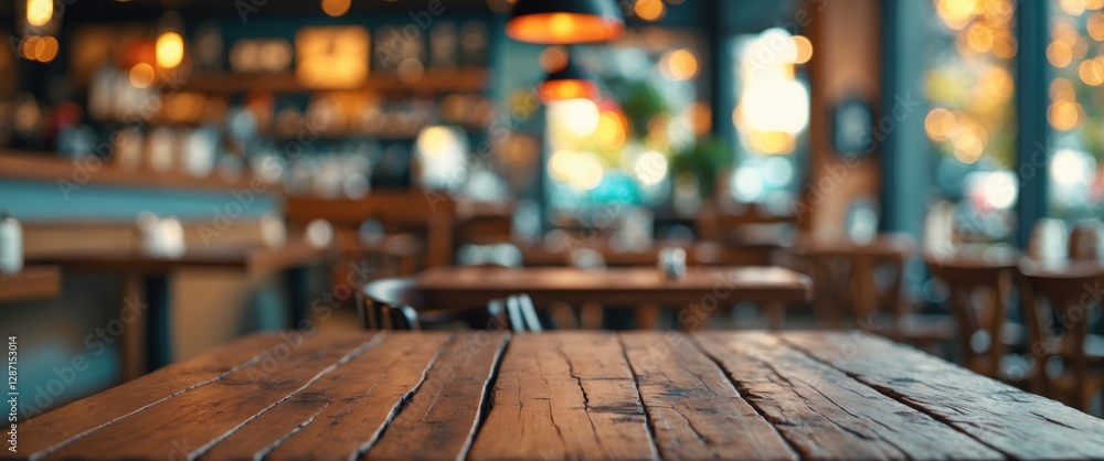 Poster empty wooden table in coffee shop with blurred background and bokeh lighting ideal for product displ