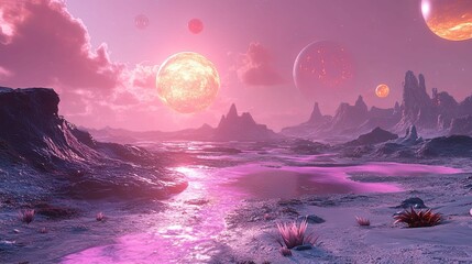 Alien Planet Landscape With Pink River And Multiple Suns