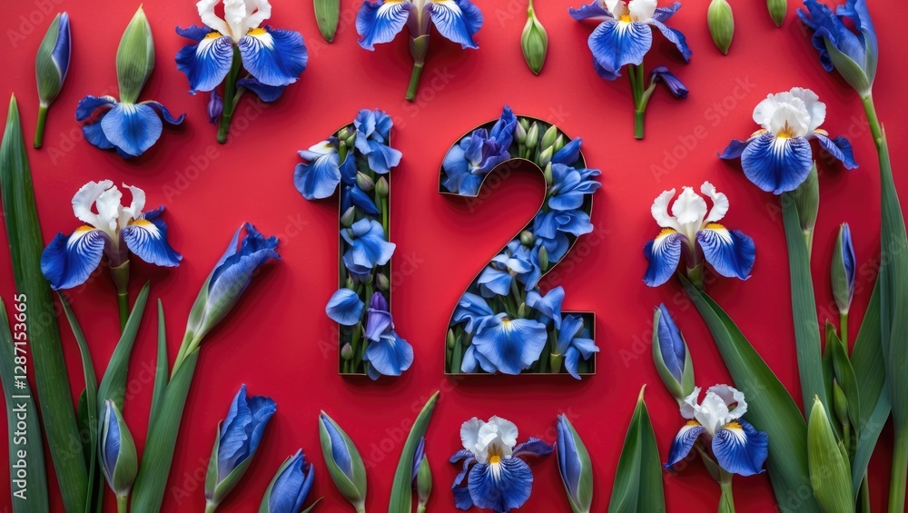 Poster number 12 formed by vibrant iris flowers on a bold red background creating a striking visual display