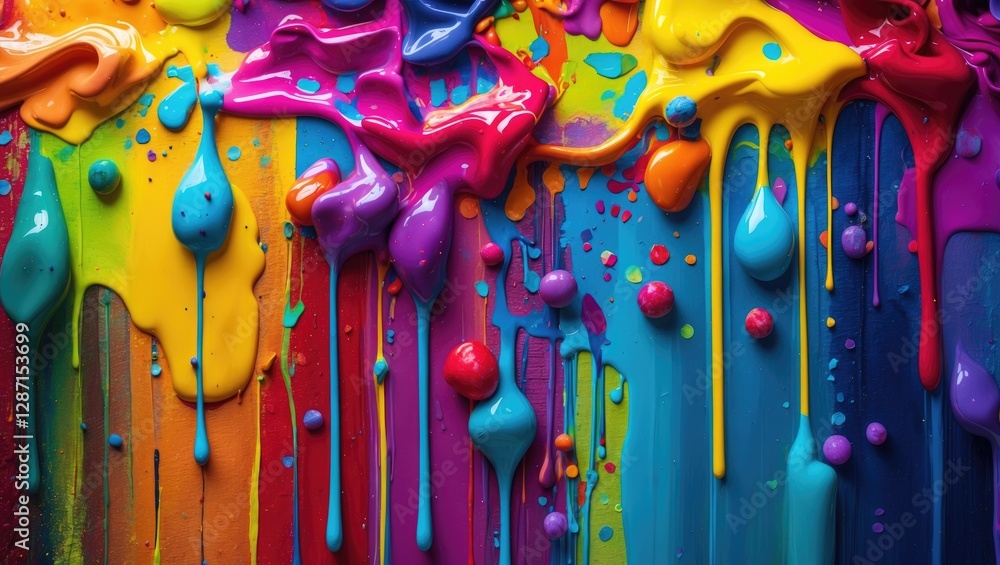 Poster vibrant abstract background of multicolored paint drips and stains creating a dynamic and playful ar