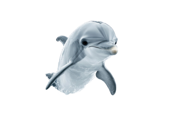 Close up image of a dolphin with a blue-gray color, the dolphin is in front of a transparent background, with realistic fur, the dolphin looks towards viewer, water drops