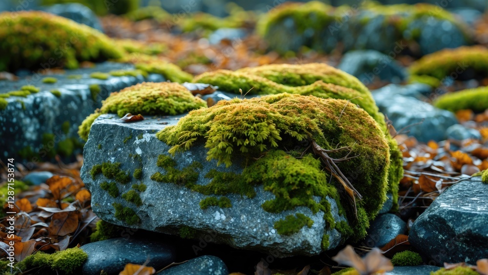 Poster lush green moss covering textured stones in a serene natural setting with ample empty space for text