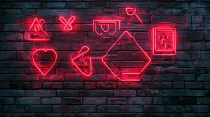 Obraz premium Neon geometric shapes on vintage rough brick wall texture