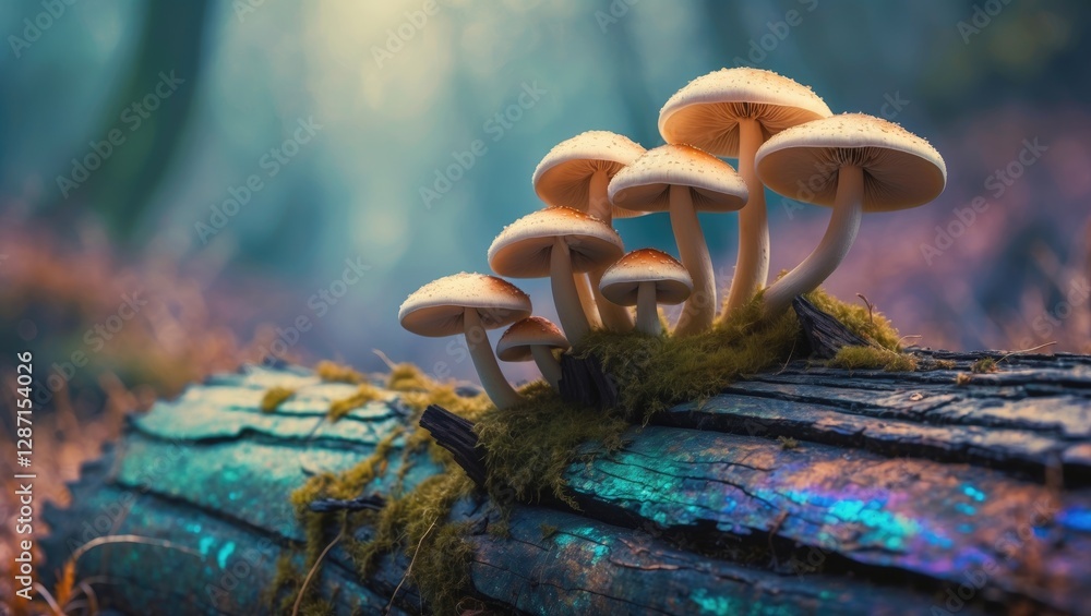 Poster mushrooms growing on a decaying log in a tranquil forest setting with soft lighting and rich colors