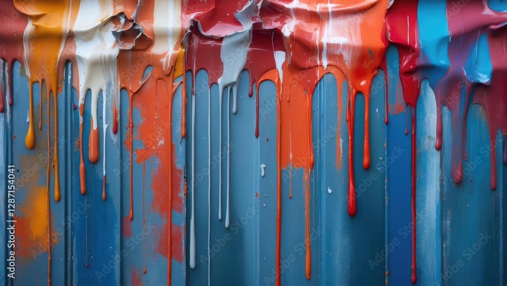 Poster vibrant metal surface with colorful paint drips creating an artistic and textured background suitabl