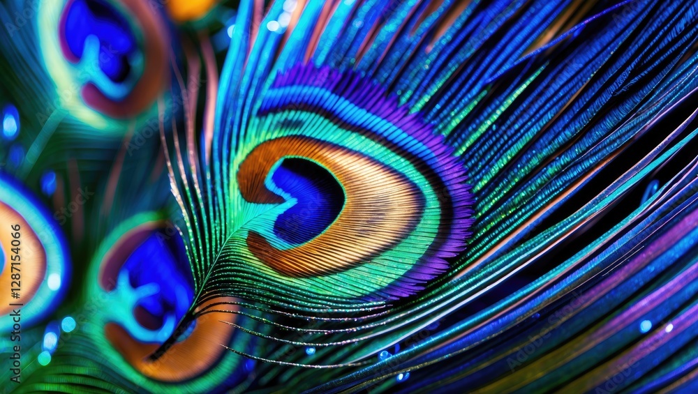 Poster close-up view of vibrant peacock feathers showcasing intricate patterns and iridescent colors under 