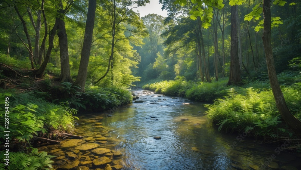 Poster serene stream flowing through lush green forest with sunlight filtering through dense foliage and re