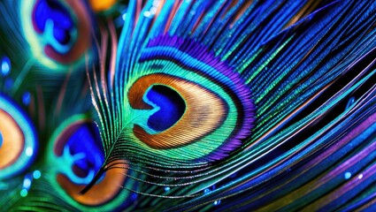 Obraz premium Close-up view of vibrant peacock feathers showcasing intricate patterns and iridescent colors under specialized illumination.