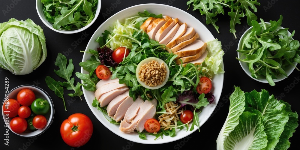 Poster healthy chicken and turkey salad with fresh greens and tomatoes on a black background with empty spa