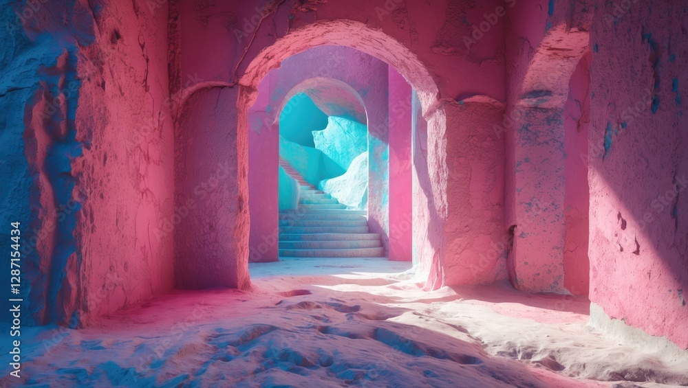 Poster abstract interior with colorful plaster walls and light reflections creating a surreal architectural