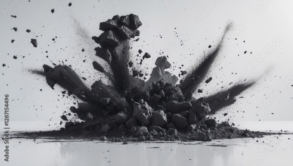 Poster abstract explosion of black charcoal particles against a white background showcasing motion and text