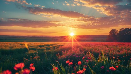 Serene Sunrise Over a Flowering Field with Vibrant Colors and Clear Sky Ideal for Inspirational Text or Nature-Themed Designs