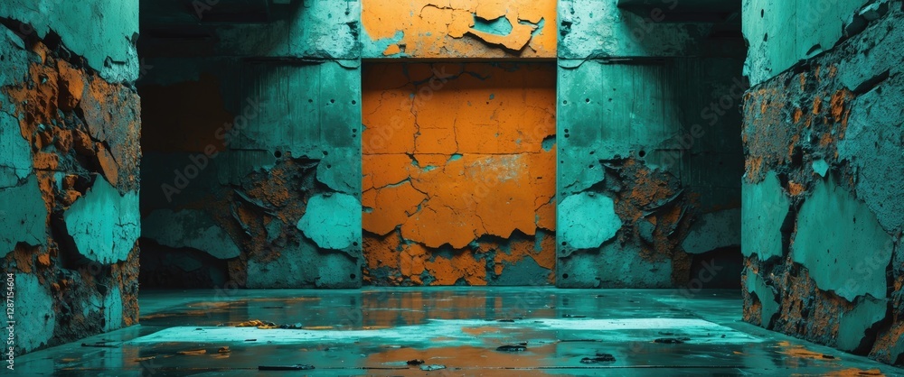 Poster abstract concrete interior with peeling paint and vibrant colors creating a unique textured backgrou