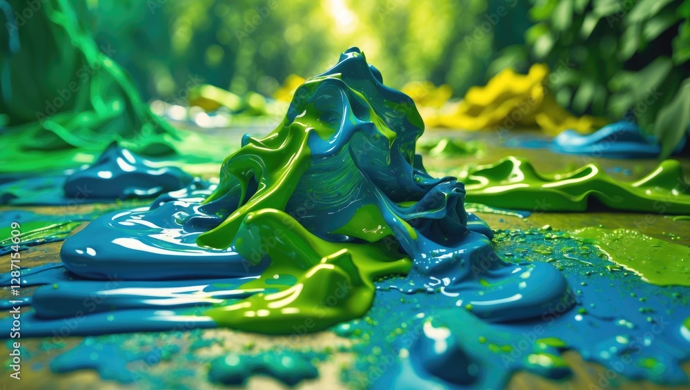 Poster vibrant blobs of blue and green paint artfully mixed on a textured surface creating an abstract comp