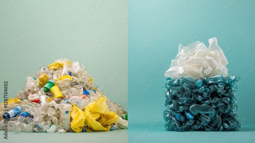 Poster comparison of plastic waste versus recycled plastic products emphasizing the importance of recycling