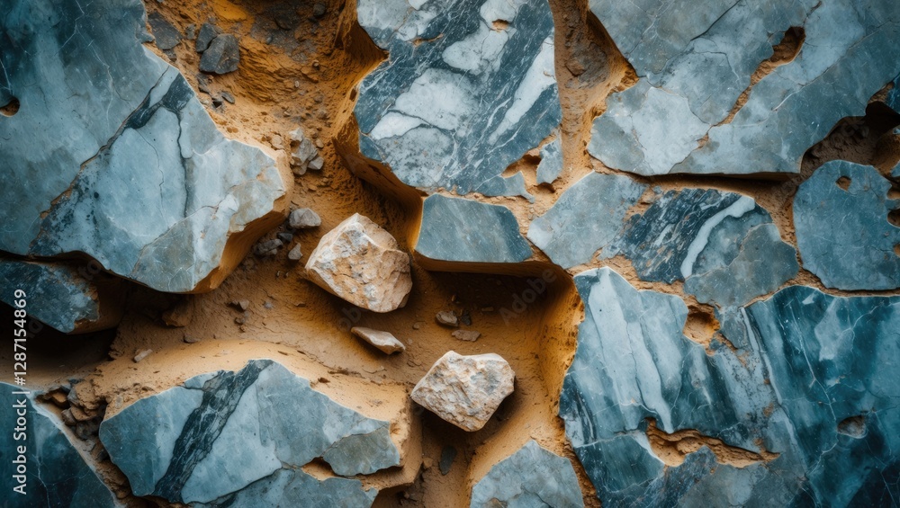 Poster textured close-up of weathered marble stone with cracks and embedded sand highlighting natural geolo