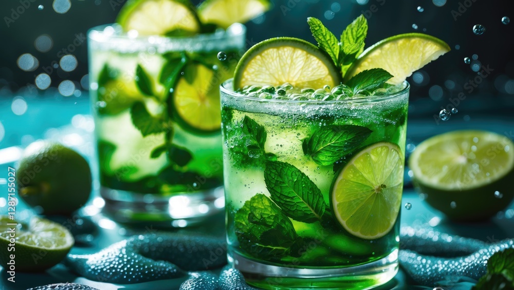 Poster refreshing mojito cocktail with fresh mint and lime slices bubbles over ice with empty space for tex