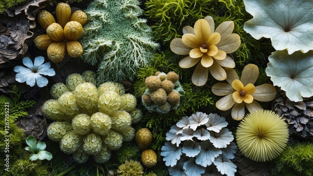 Poster macro view of colorful mosses and lichens showcasing intricate textures and patterns in a natural gr