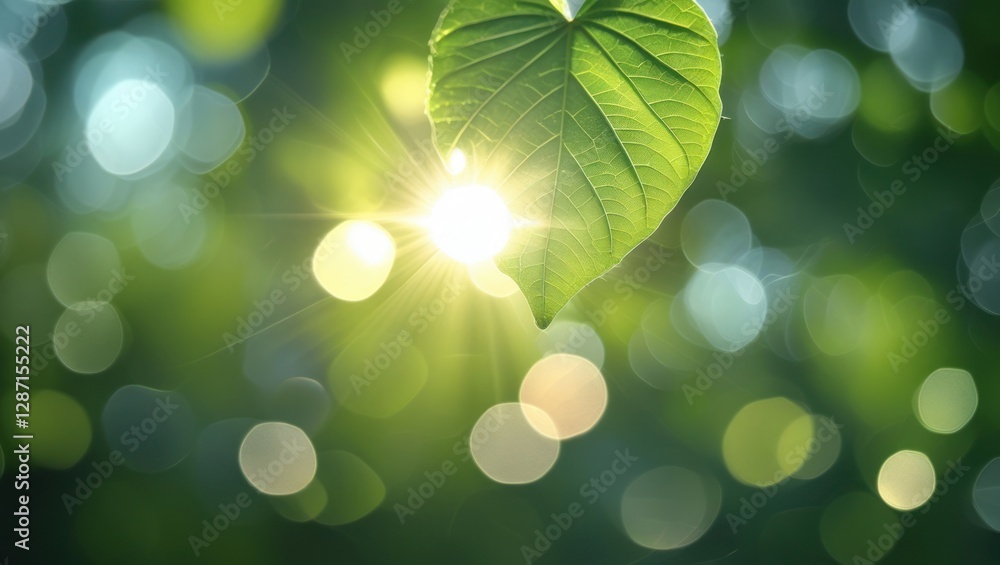 Poster green bokeh background with sun flare shining through a lush leaf creating a serene and abstract nat