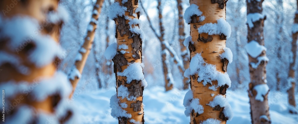 Poster snow-covered birch trees in winter creating a serene natural landscape background with detailed bark