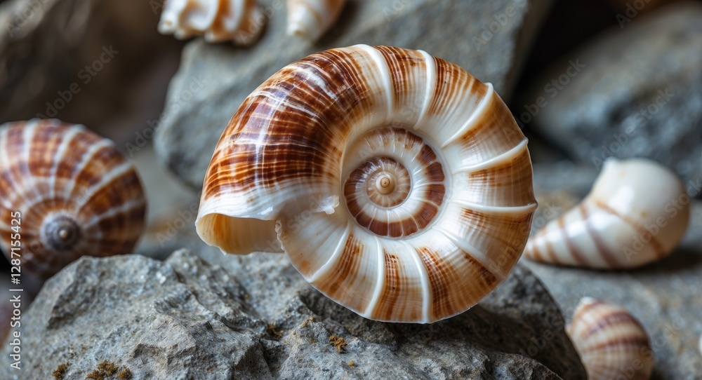 Poster nautilus shell on rocky background showcasing intricate patterns with space for text, ideal for natu