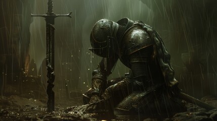 Fototapeta premium Exhausted knight kneeling in rain, head bowed, broken sword planted nearby unyielding resolve moody cinematic lighting, detailed armor textures